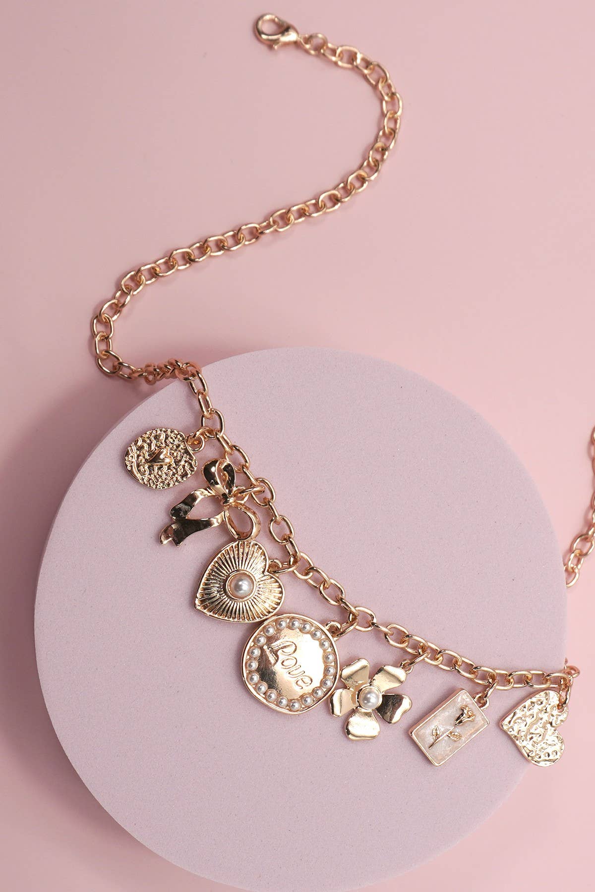 CHARM NECKLACE-BOW LOVE FLOWER HEART | 80N1346: Gold