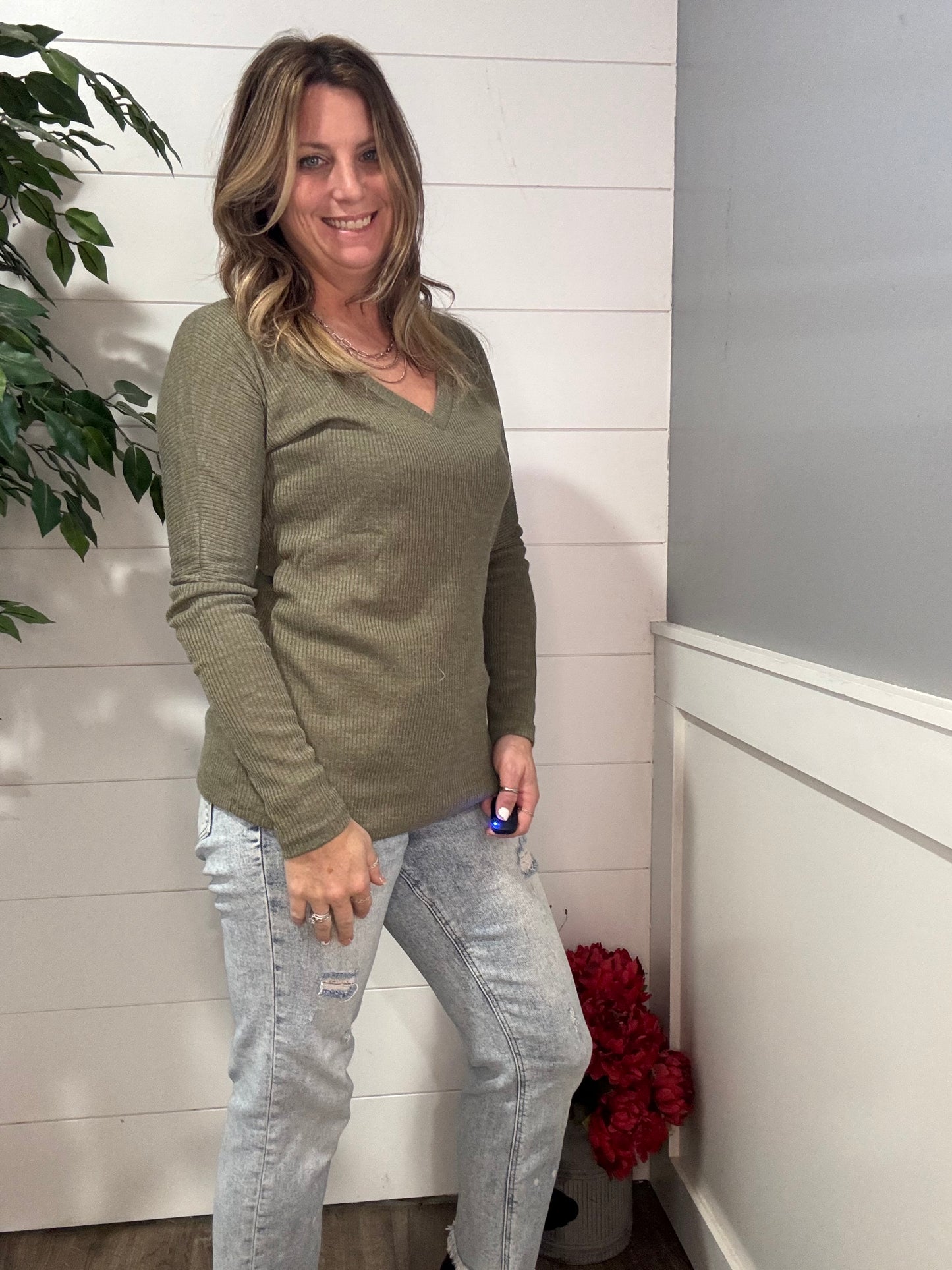 On a Roll Ribbed Knit V Neck Long Sleeve Top