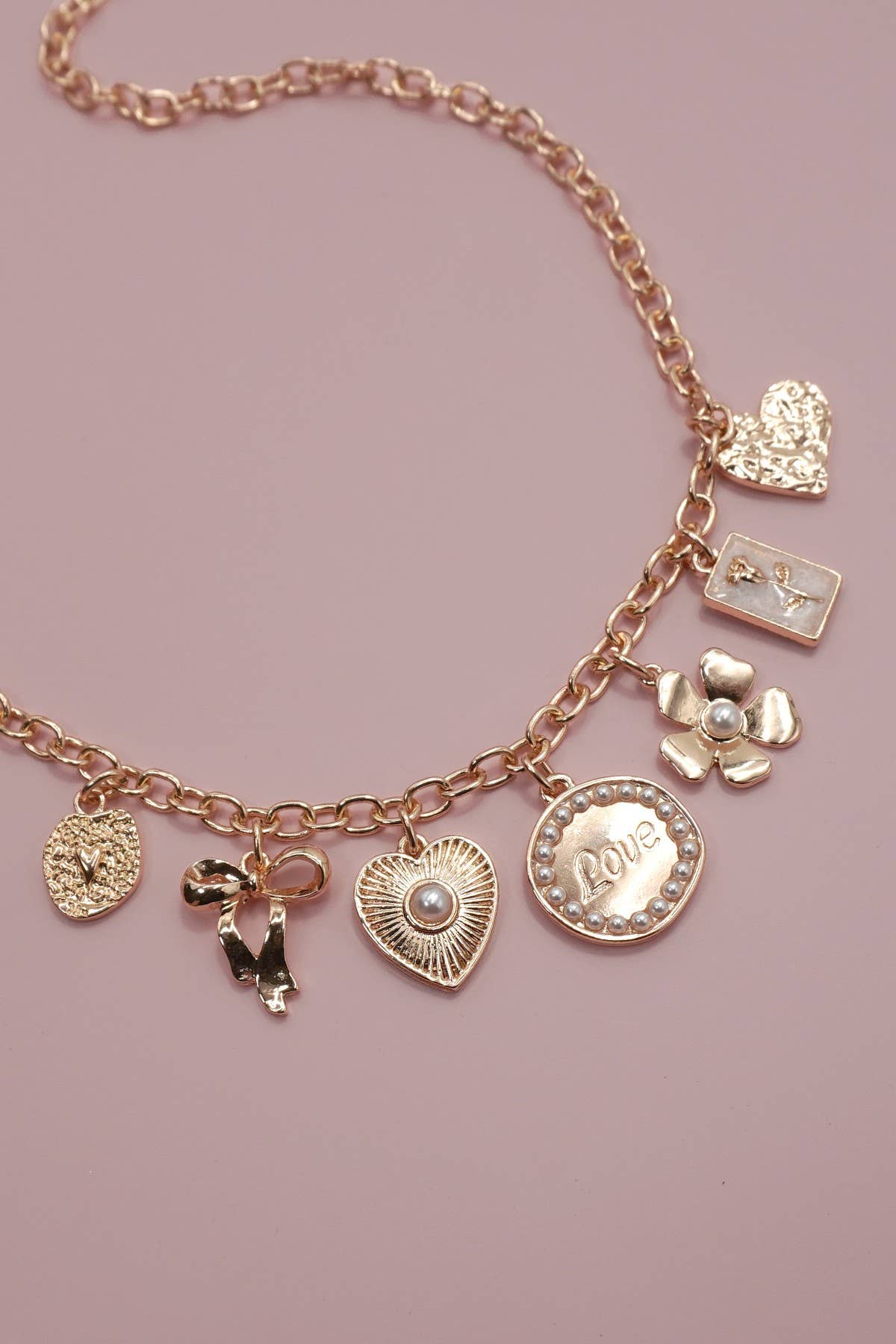 CHARM NECKLACE-BOW LOVE FLOWER HEART | 80N1346: Gold