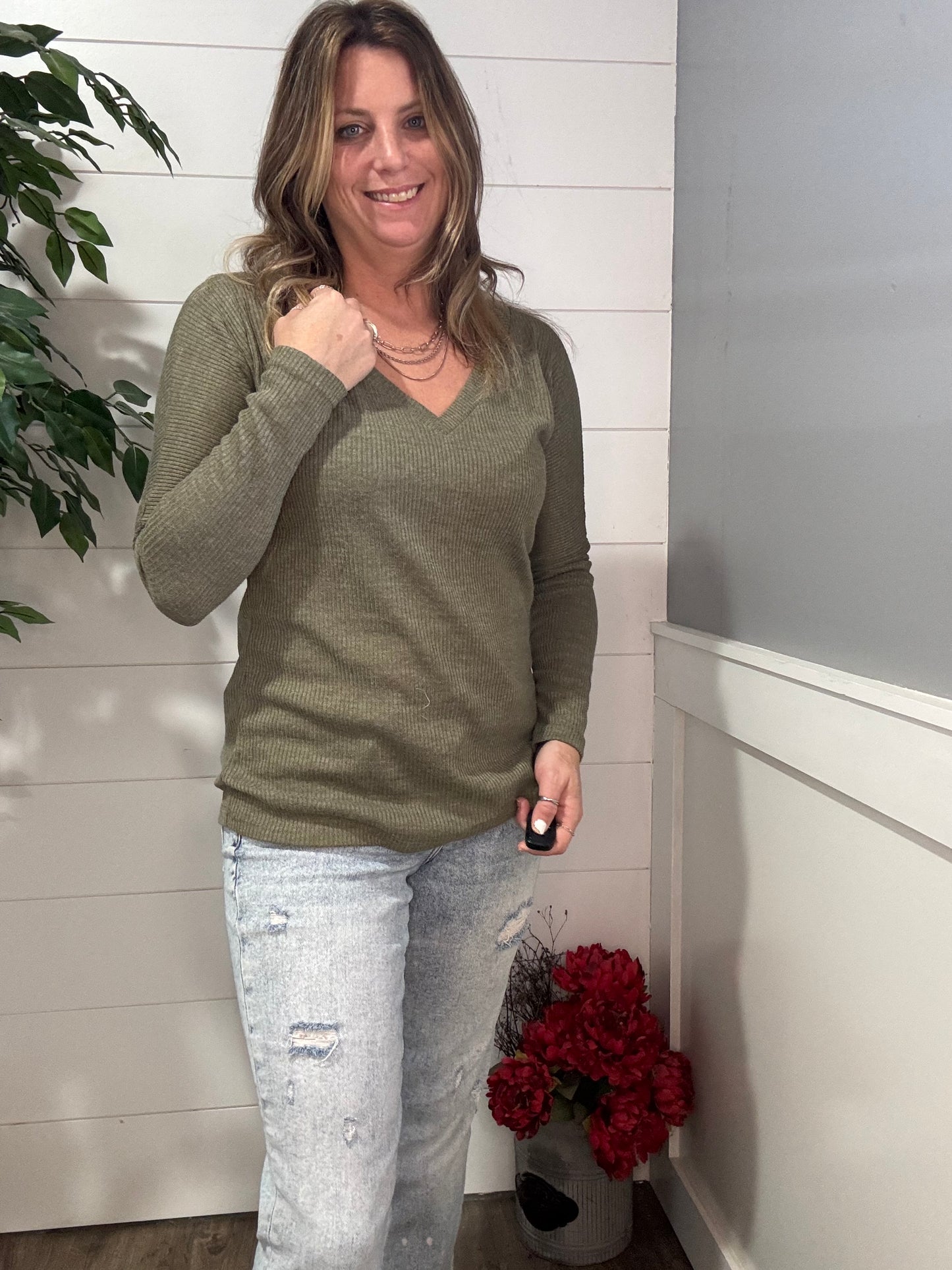 On a Roll Ribbed Knit V Neck Long Sleeve Top