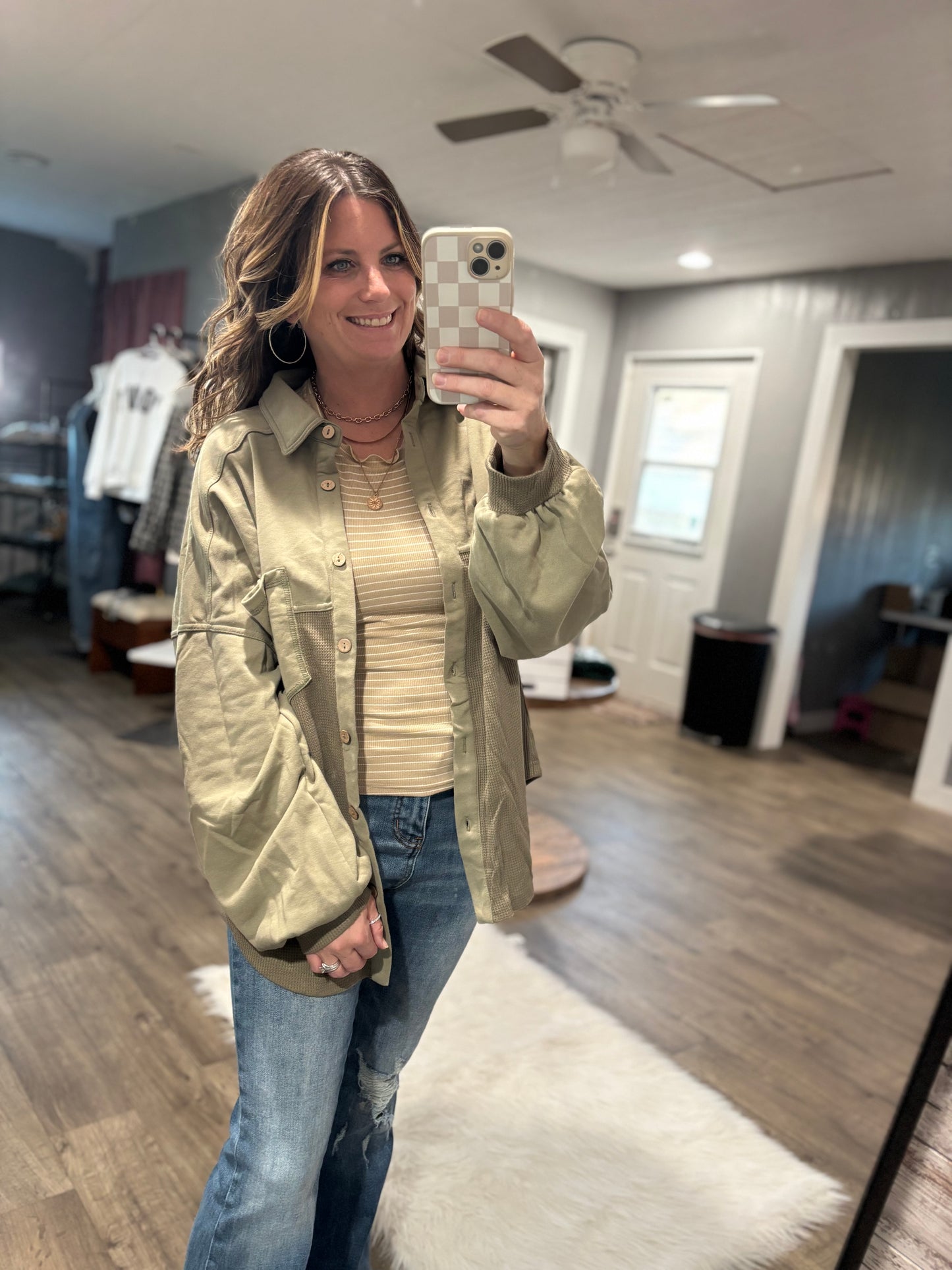 Kayla Patchwork Olive Shacket