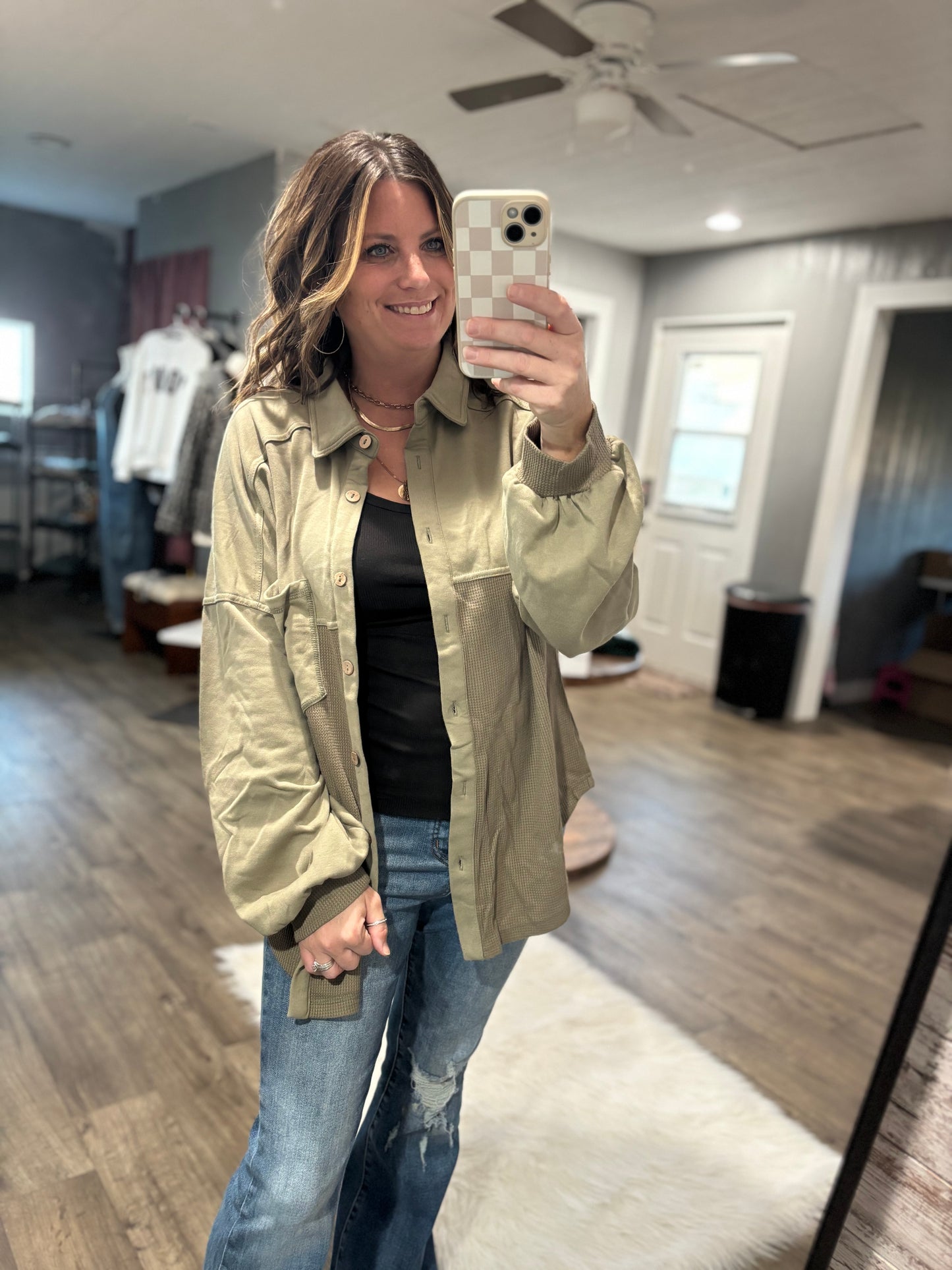 Kayla Patchwork Olive Shacket