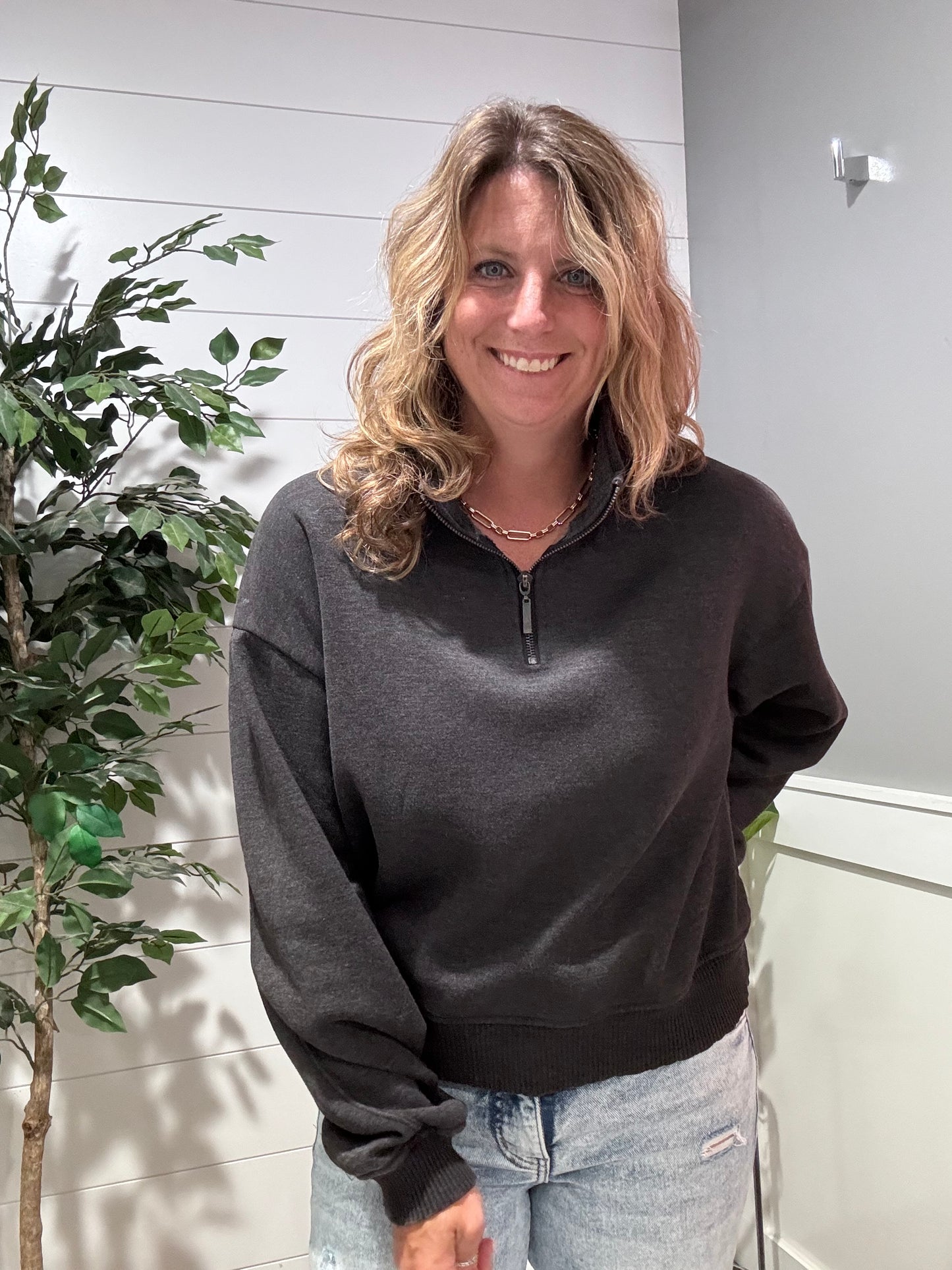 On Trend Dark Gray Half Zip Cropped Pullover