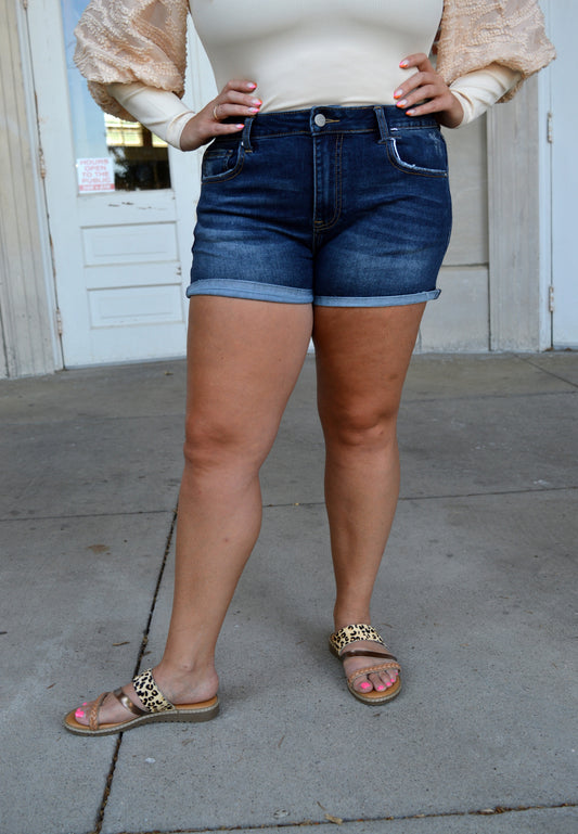 Risen Mid Rise Shorts - dark wash