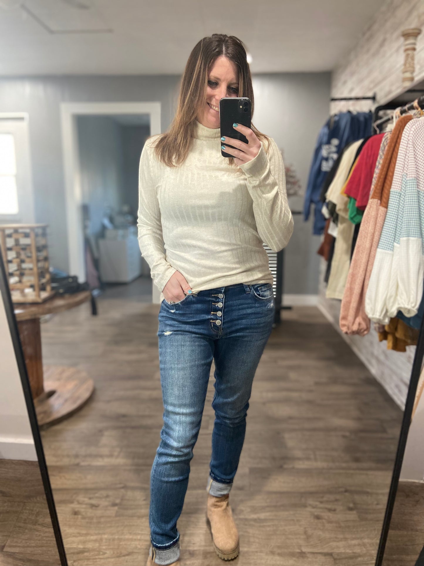 Subtle and Sweet Ribbed Turtle Neck Top - Sand Beige