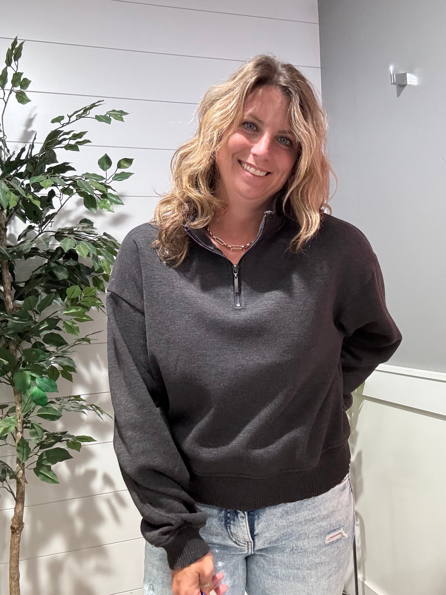 On Trend Dark Gray Half Zip Cropped Pullover