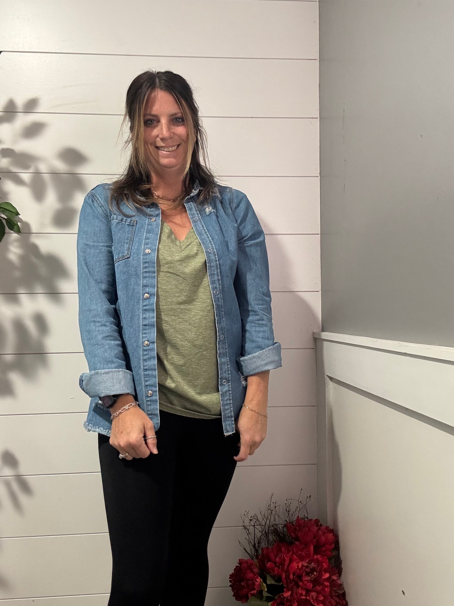 Distressed Denim Shacket - medium wash