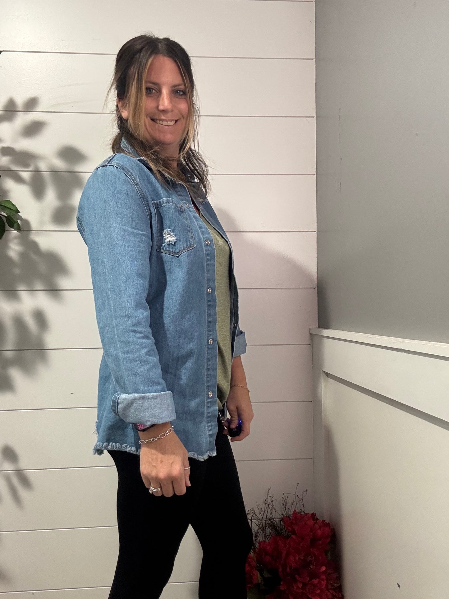 Distressed Denim Shacket - medium wash