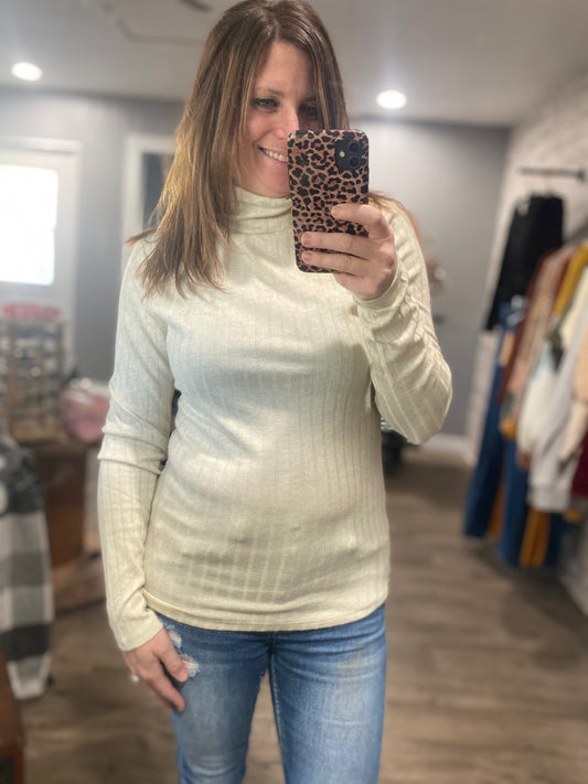 Subtle and Sweet Ribbed Turtle Neck Top - Sand Beige