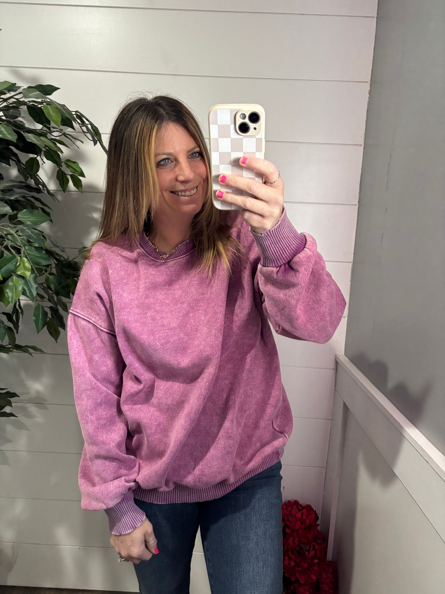 Avery Acid Wash Pullover - Light Plum
