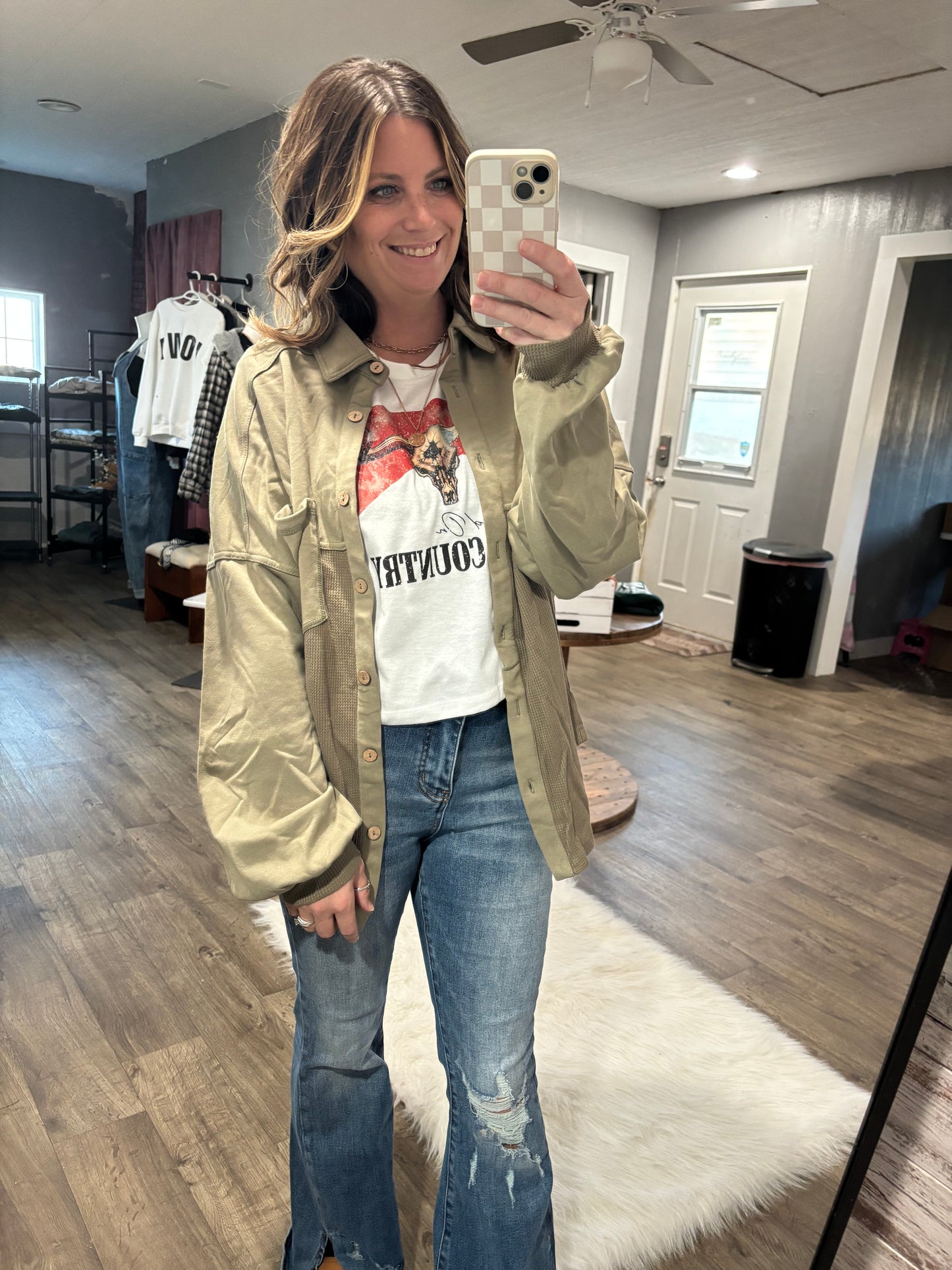 Kayla Patchwork Olive Shacket