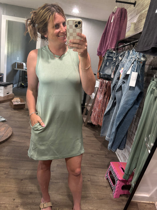 Crewneck Sleeveless Mini Dress - Sage Green