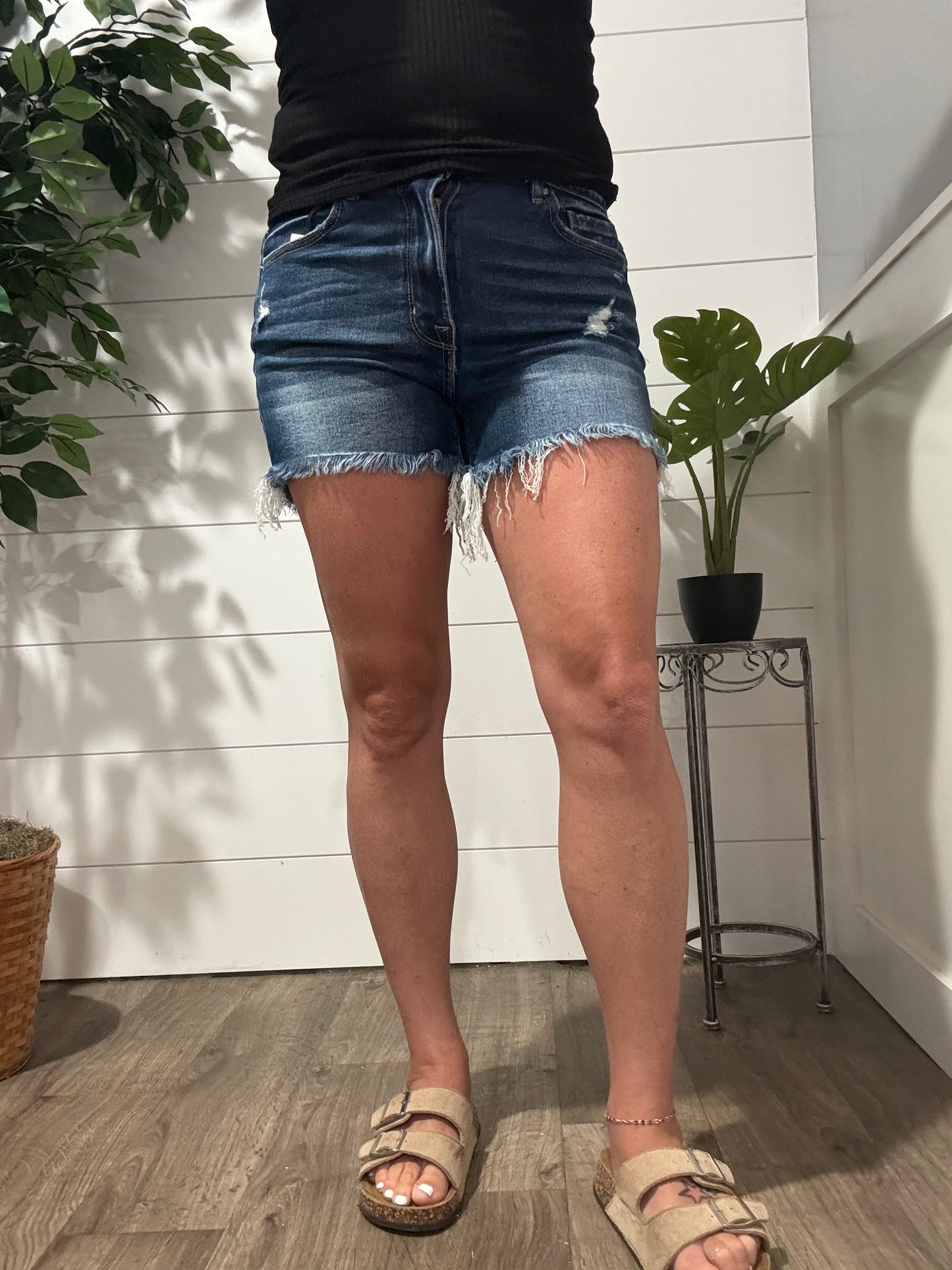 Everly Frayed Hem Mid Rise Shorts - dark wash