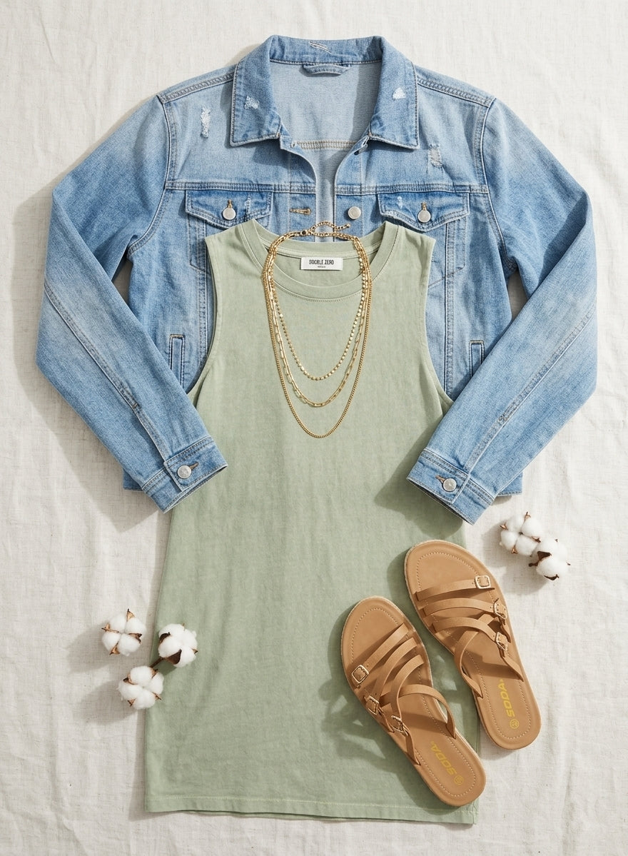 Crewneck Sleeveless Mini Dress - Sage Green