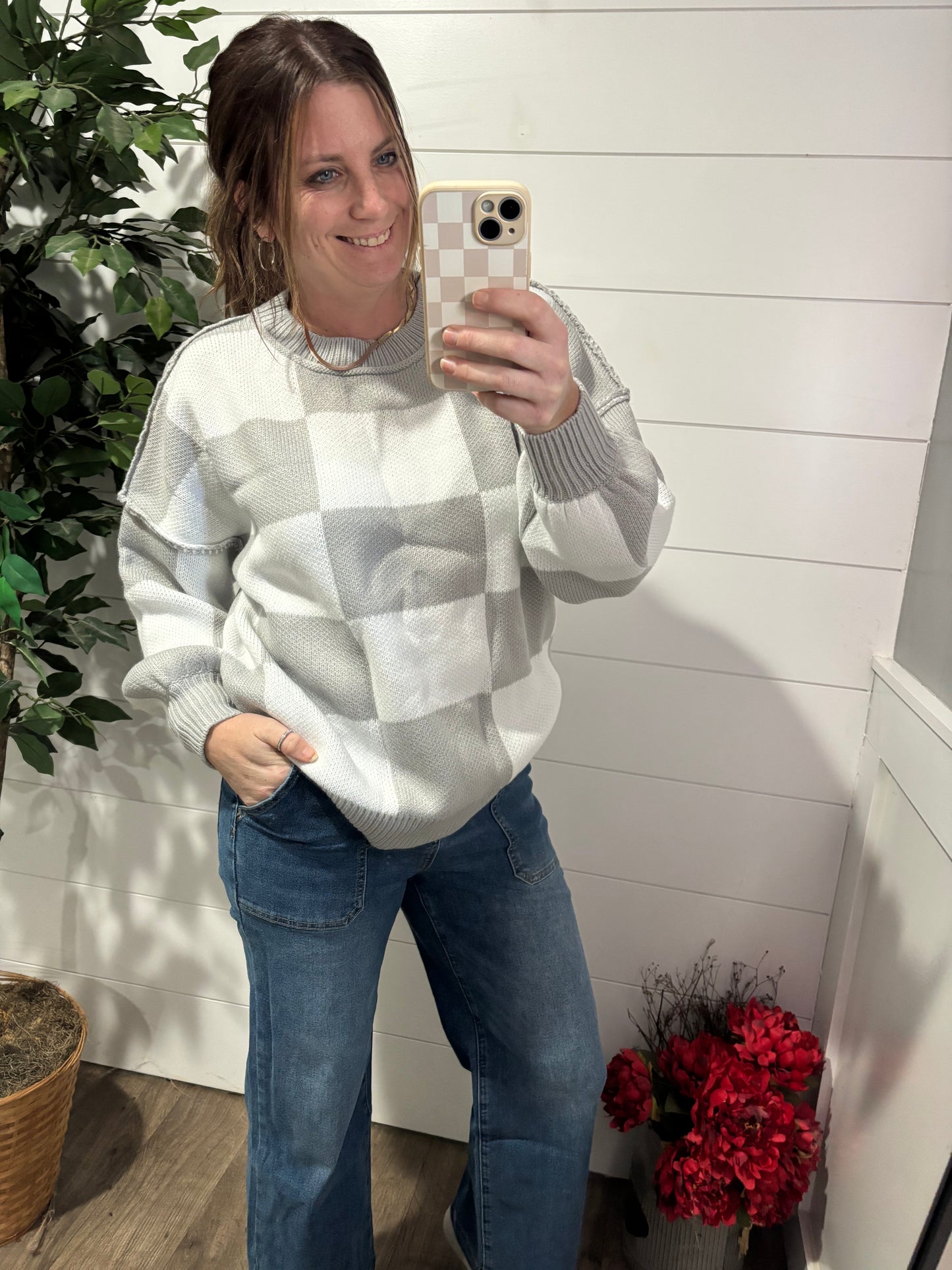 Check Yourself Checkered Sweater in Grey