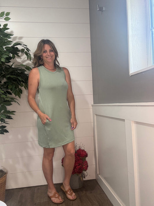Crewneck Sleeveless Mini Dress - Sage Green