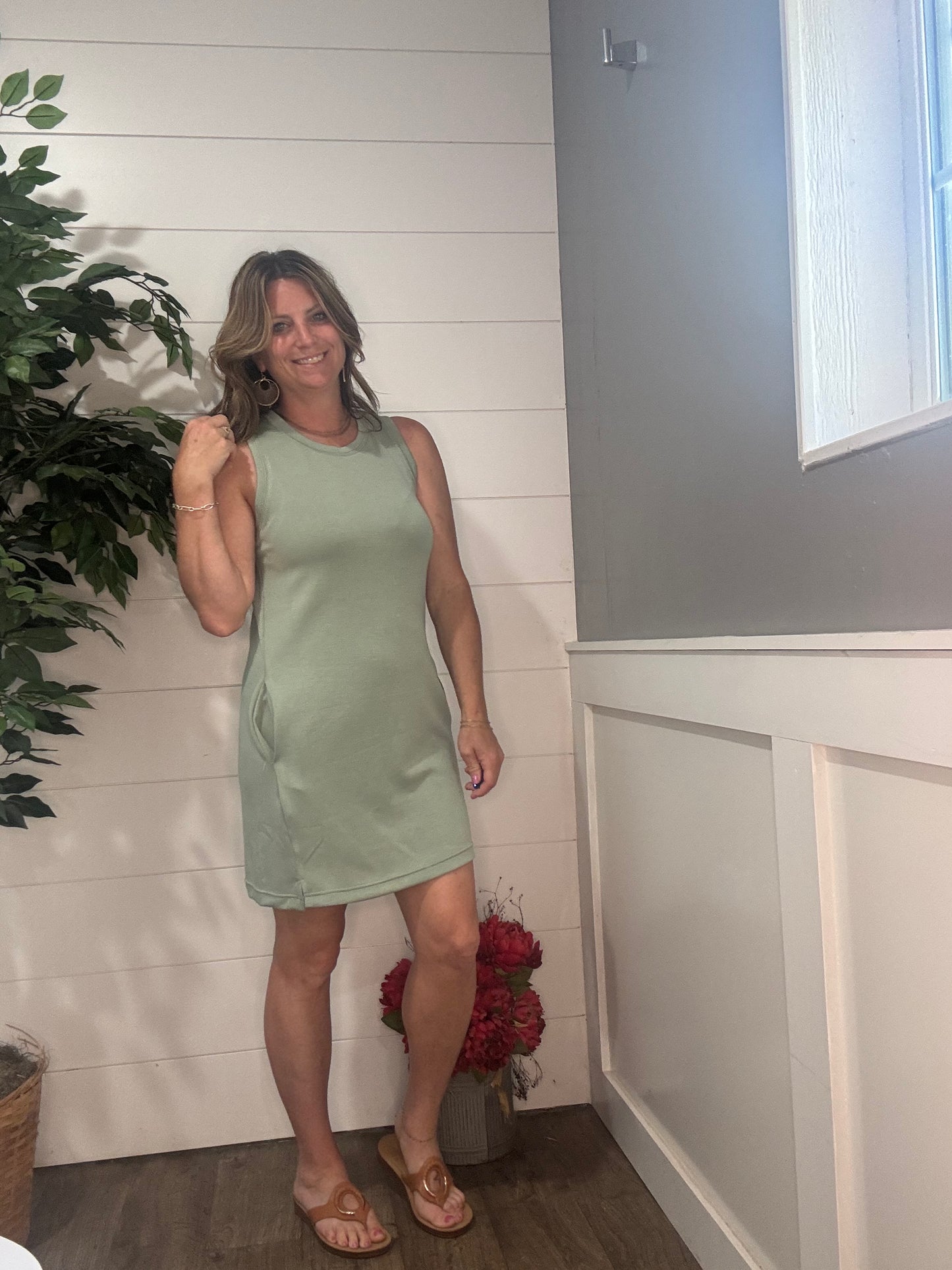 Crewneck Sleeveless Mini Dress - Sage Green