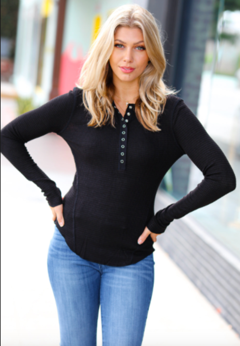 Waffle Button Down Henley Top - black