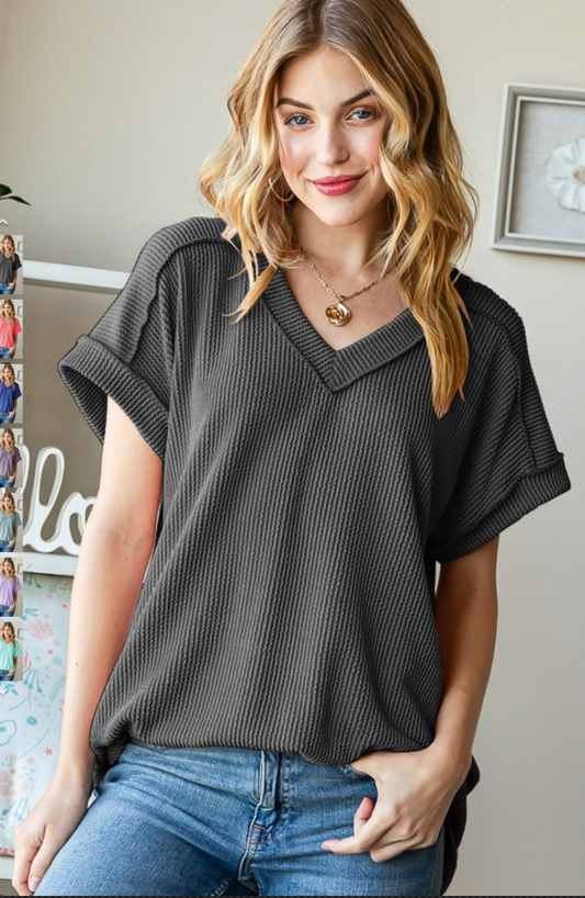 Moments to Cherish Ribbed Top - charcoal
