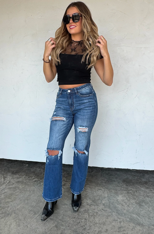 PREORDER: ASHLAND STRAIGHT LEG DISTRESSED JEANS - DARK WASH
