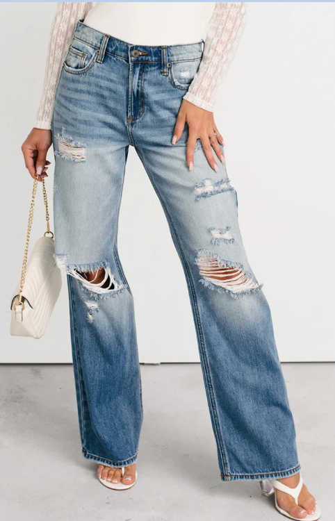 Downtown Distressed Mid Rise Straight Jeans