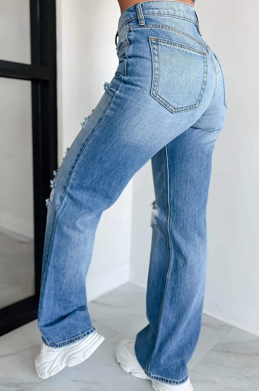 Downtown Distressed Mid Rise Straight Jeans