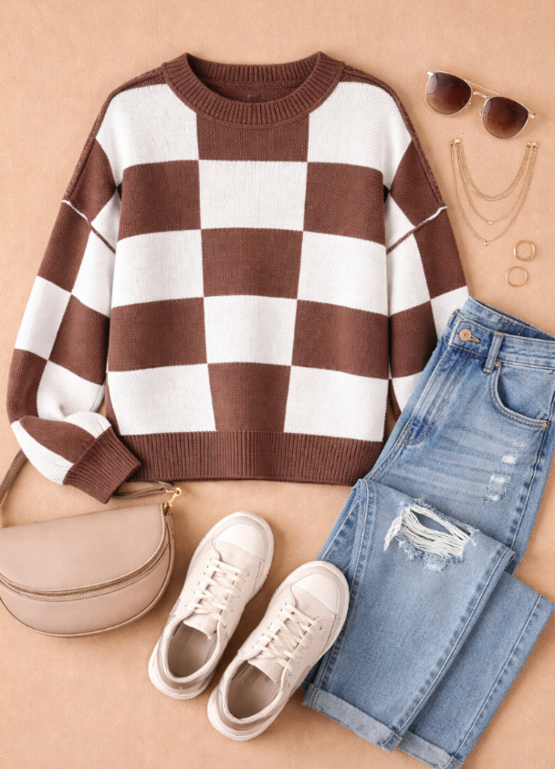 Check Yourself Checkered Sweater in Brown