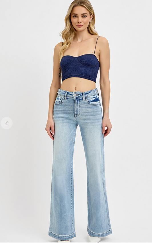 Risen Mid Rise Wide Leg Jeans Light Wash