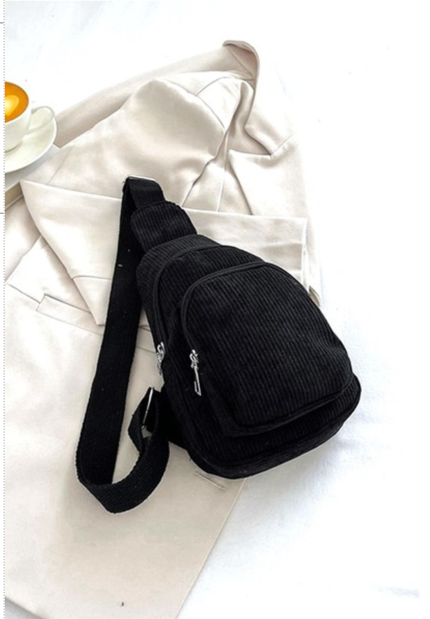 CORDUROY VINTAGE DOUBLE POCKET CROSSBODY SLING BAG - BLACK