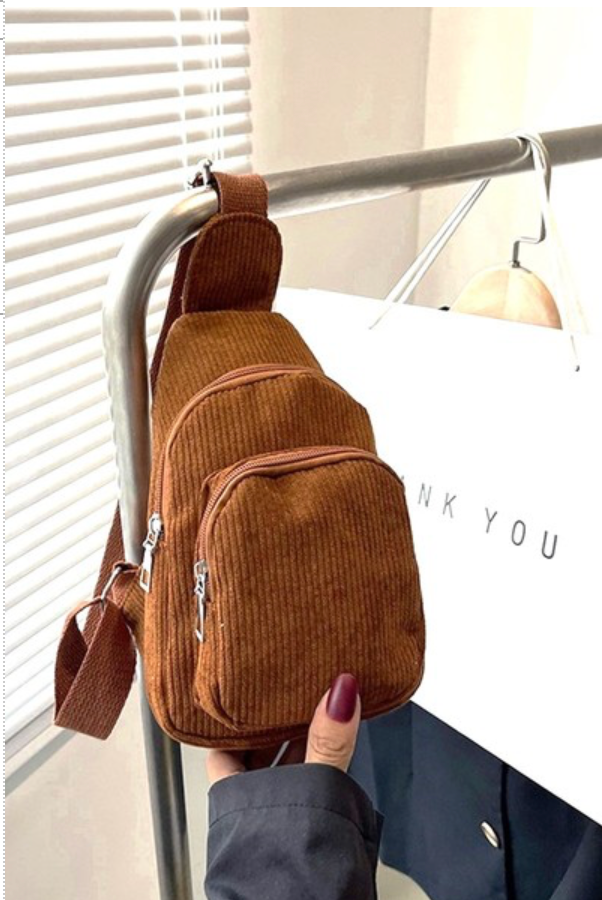 CORDUROY VINTAGE DOUBLE POCKET CROSSBODY SLING BAG - CAMEL