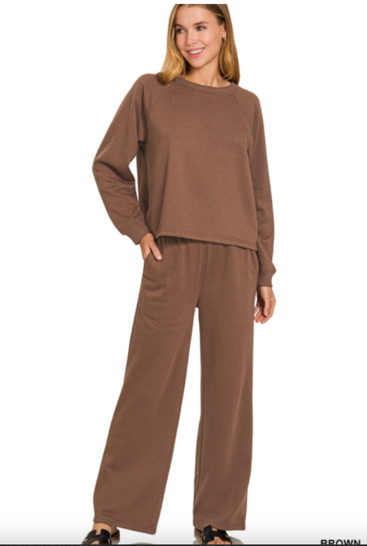 DOORBUSTER: FLEECE RAGLAN SLEEVE PULLOVER & SWEATPANTS SET -Brown