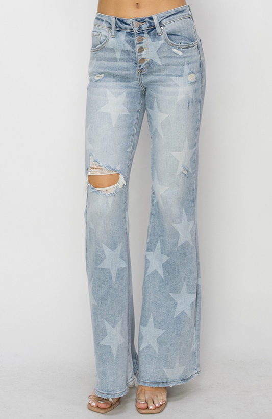 Mid Rise Button Down With Star Print Flare Jeans **LIMITED QUANTITIES**Pre order ends 5/5