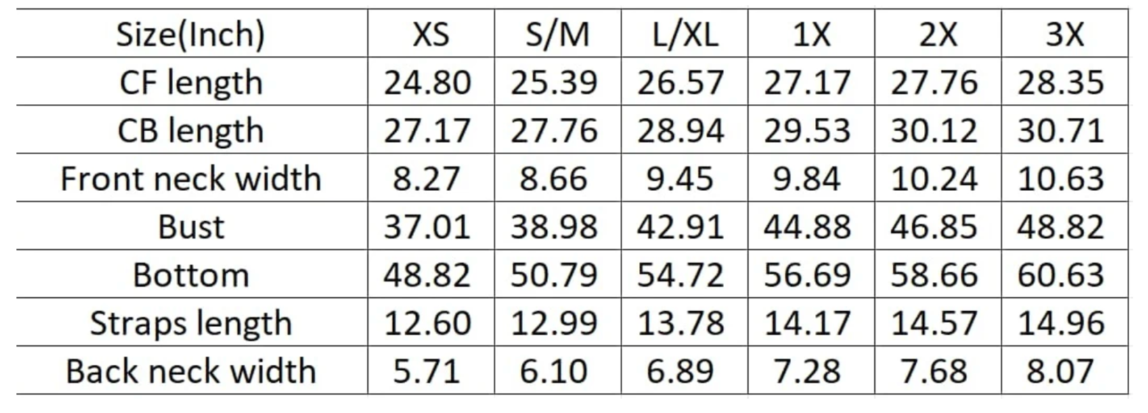 Measurement chart for clothing sizes XS to 3X with dimensions in inches.