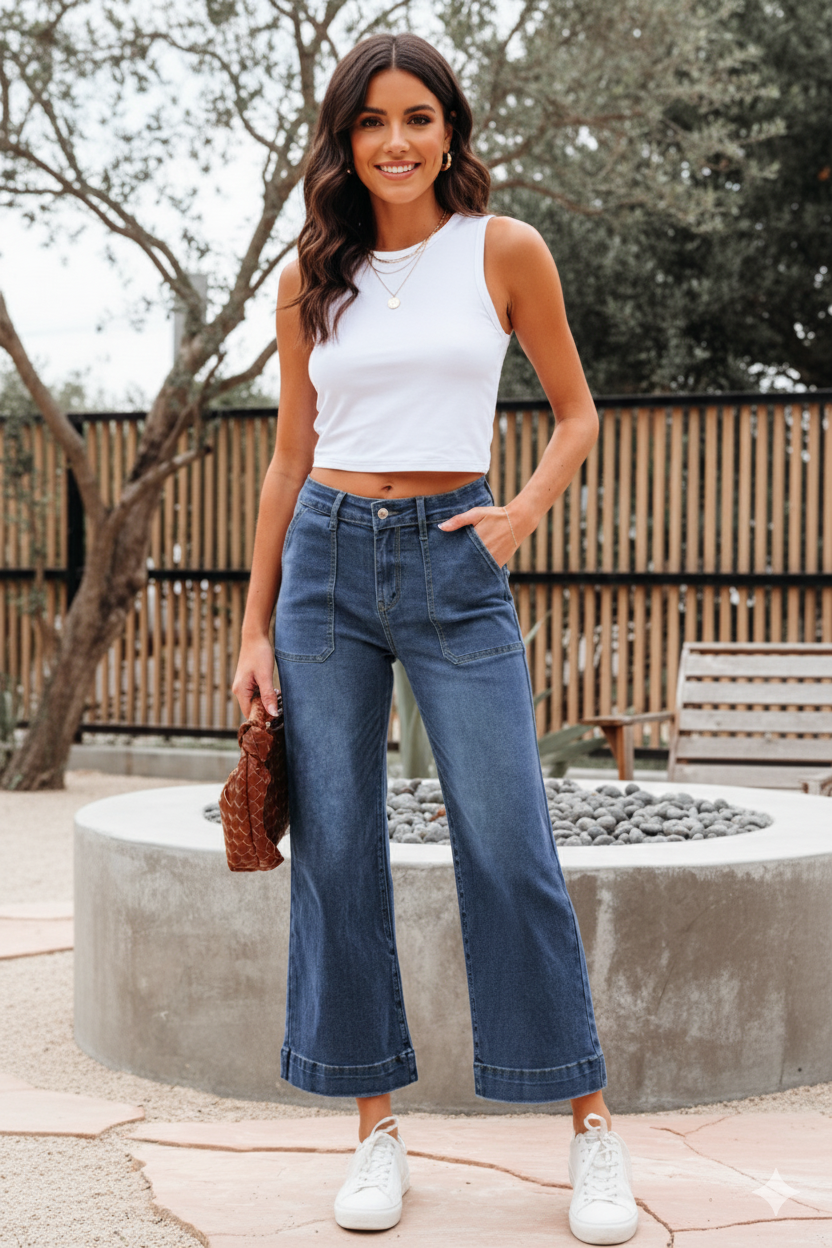 Bella Cropped High Rise Wide Leg Jeans - Blue