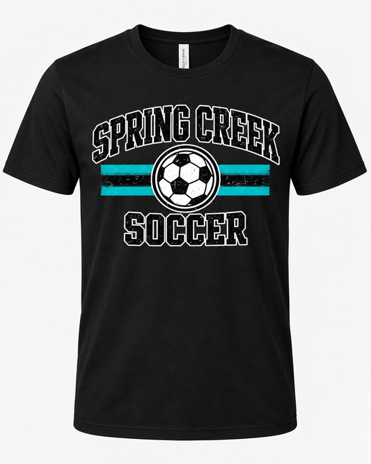 A black short-sleeve crewneck t-shirt featuring a distressed graphic on the front with the text 'SPRING CREEK SOCCER' and a soccer ball design with teal stripes.