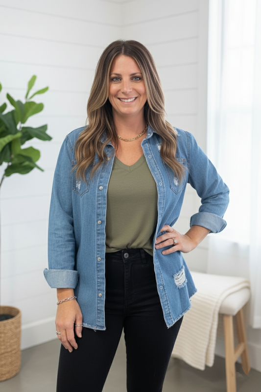 Distressed Denim Shacket - medium wash