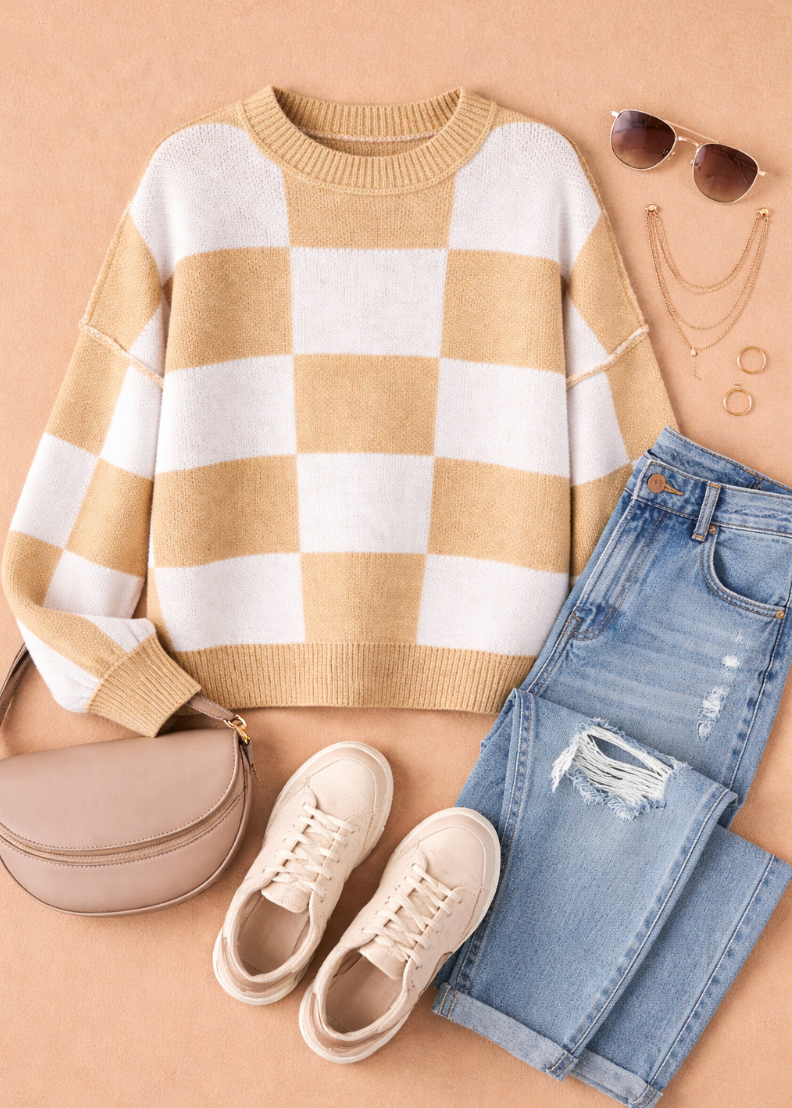 flat lay of jeans and checkered sweater outfit