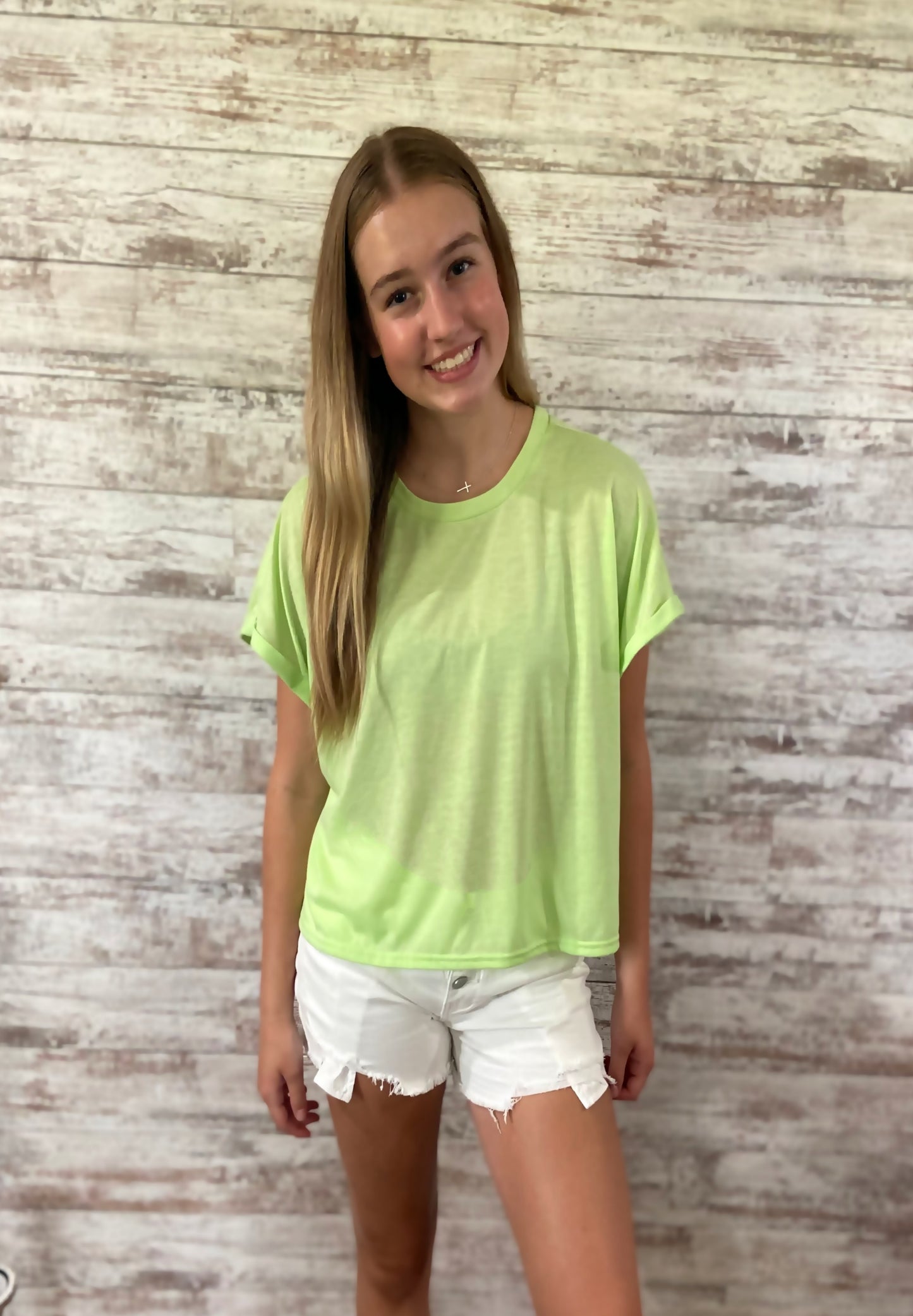 Round Neck Cuffed Sleeve Top in Lime