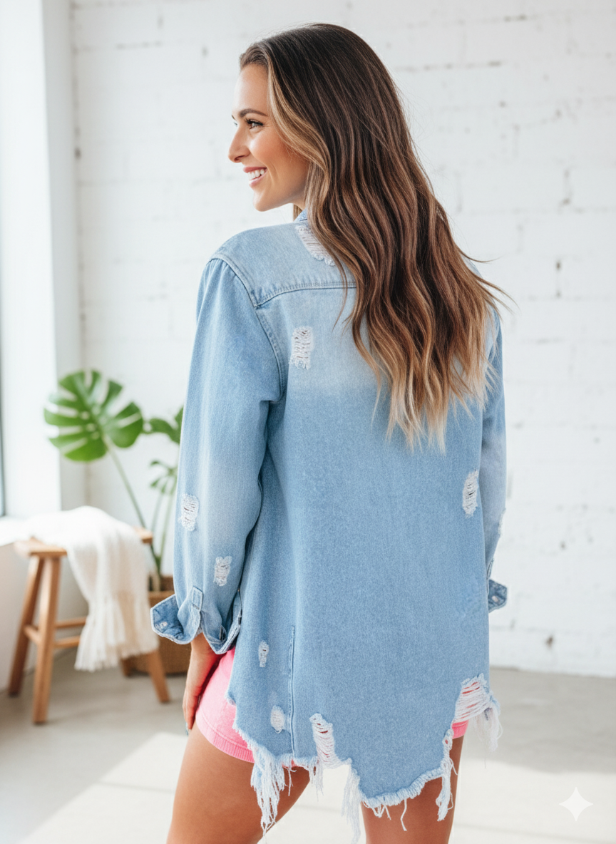 Distressed Denim Shacket - light wash