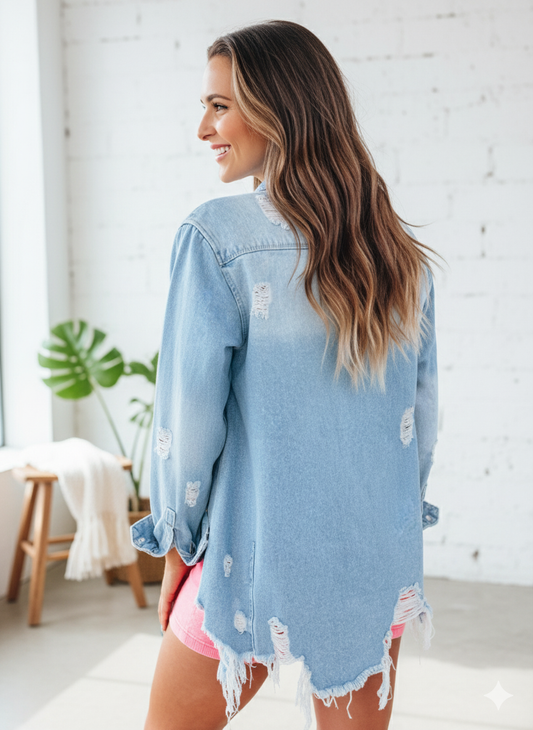 Distressed Denim Shacket - light wash