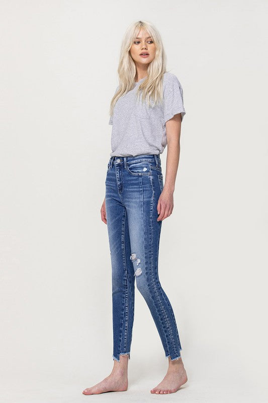High Rise Ankle Skinny with Uneven Hem Detail - Flying Monkey