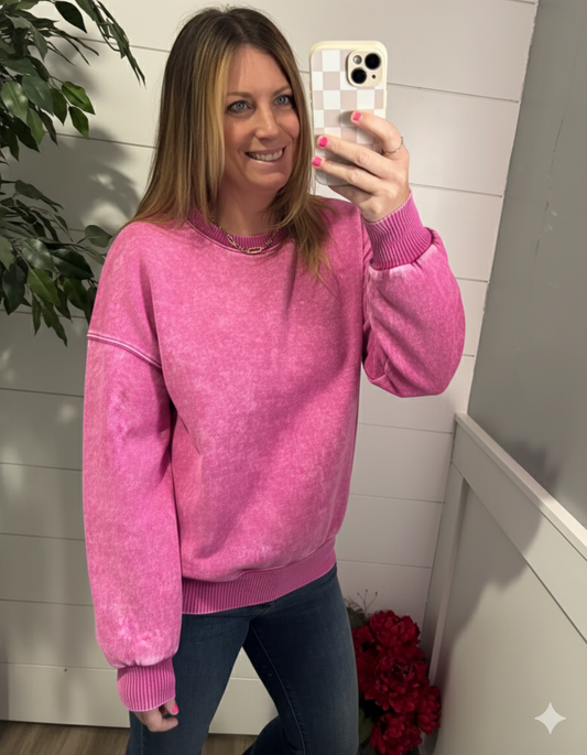 DOORBUSTER: Avery Acid Wash Pullover - Fuchsia