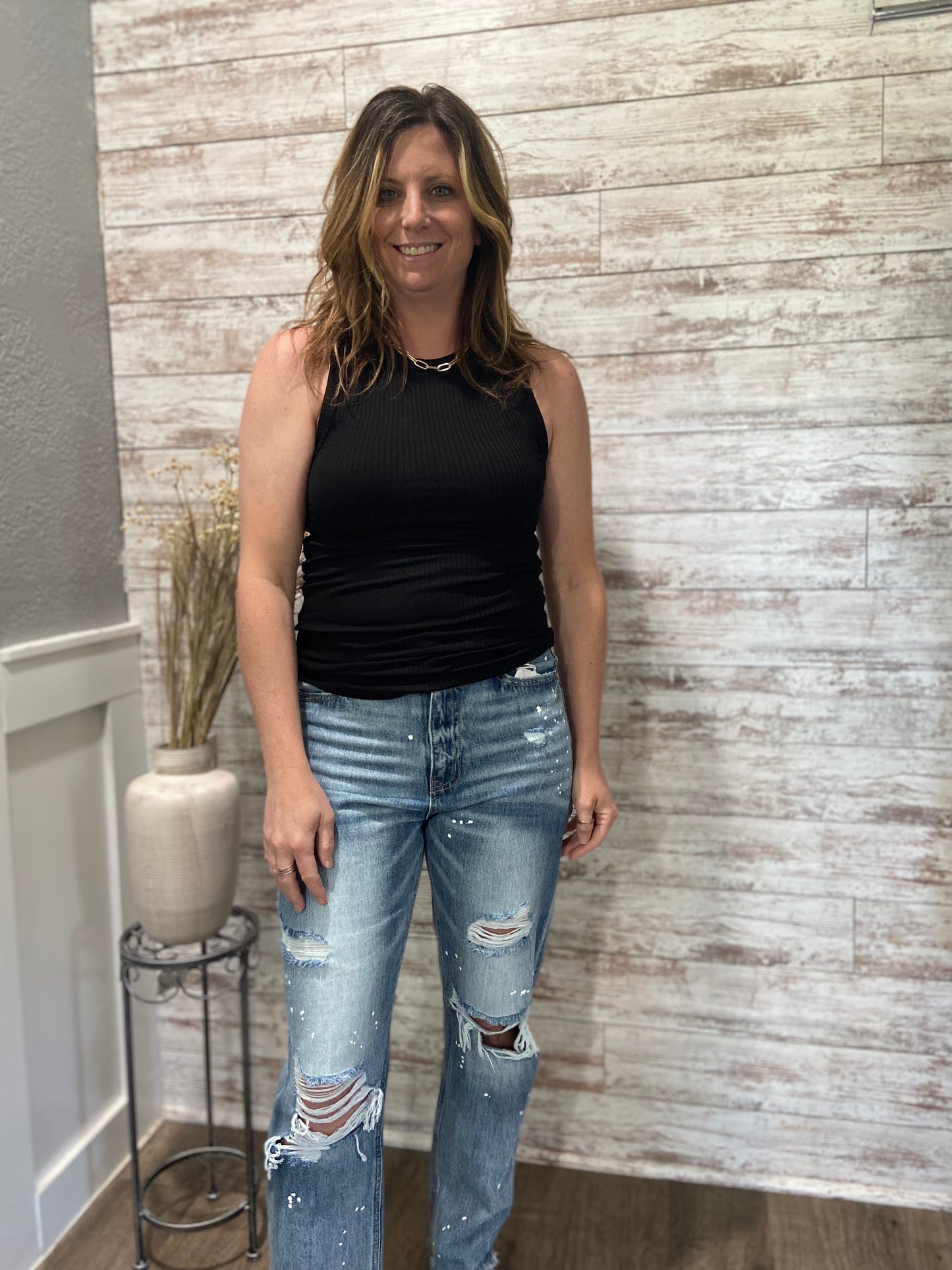 Basic High Neck Ribbed Tank Top - Black