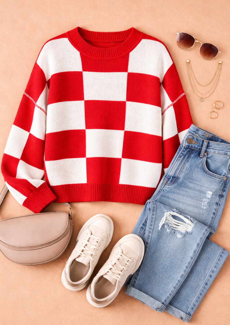 Check Yourself Checkered Sweater in Red