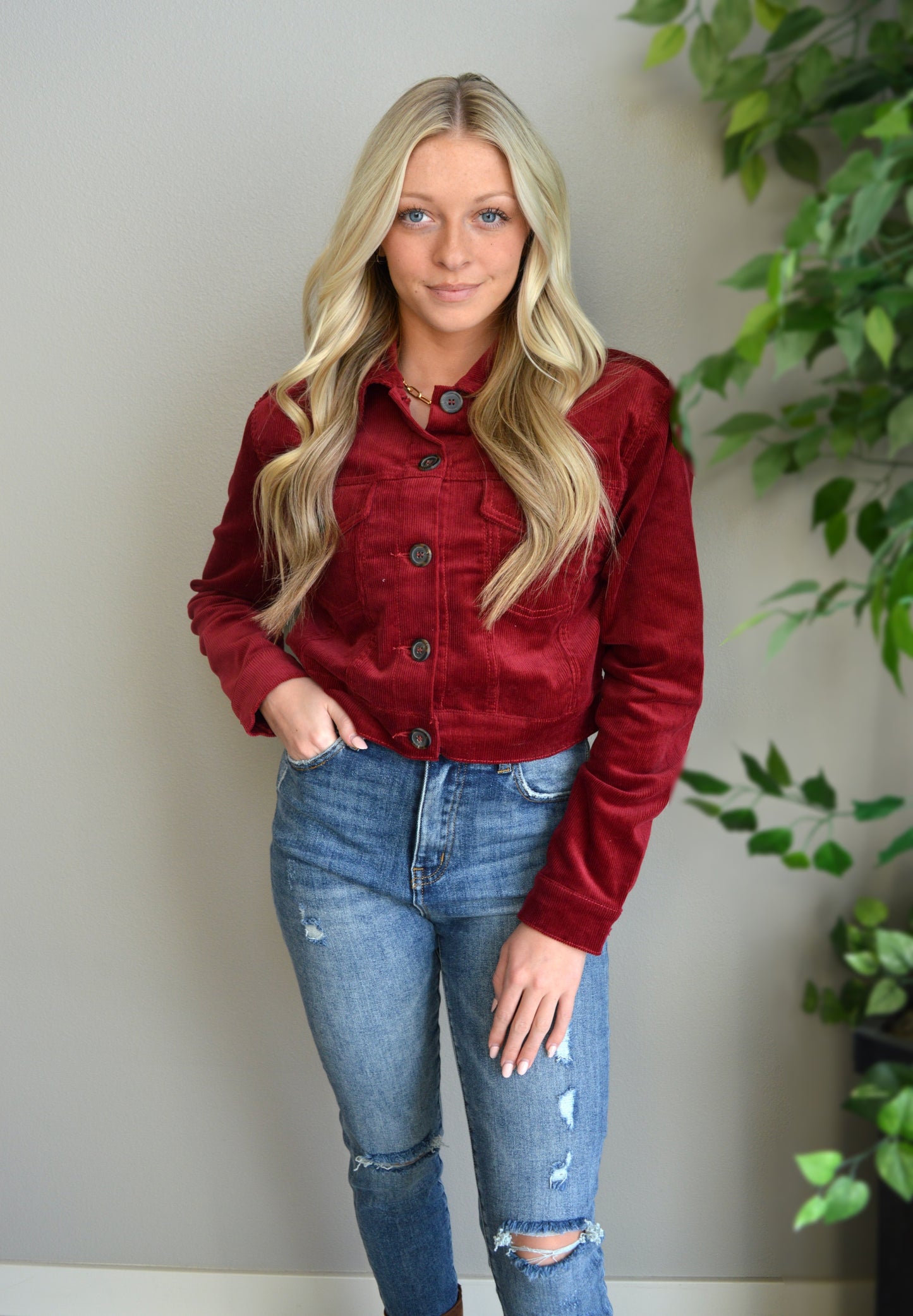Wine and Dine Me Cropped Corduroy Jacket